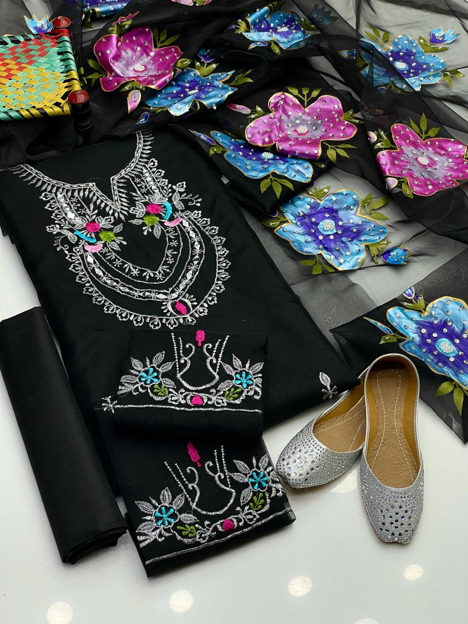 Royal Mirror, Tilla & 3D Embroidered Organza Ensemble (4-Pc)