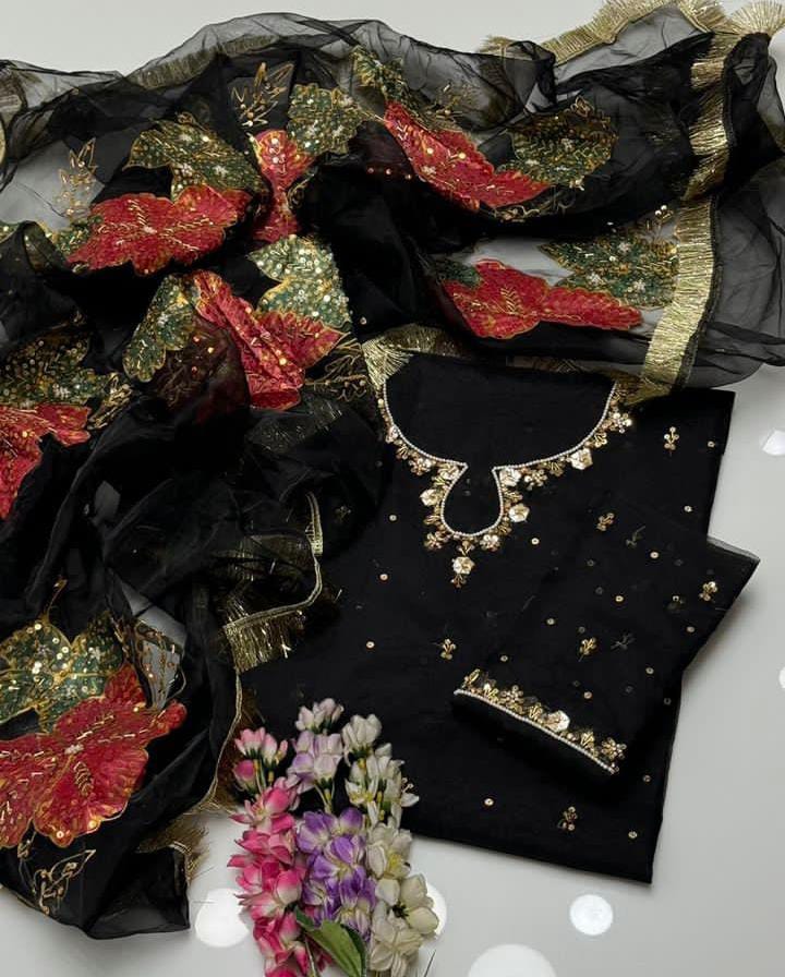 Hand-Embroidered Organza Suit with Zari Sequins & Painted Dupatta (2-Pc)