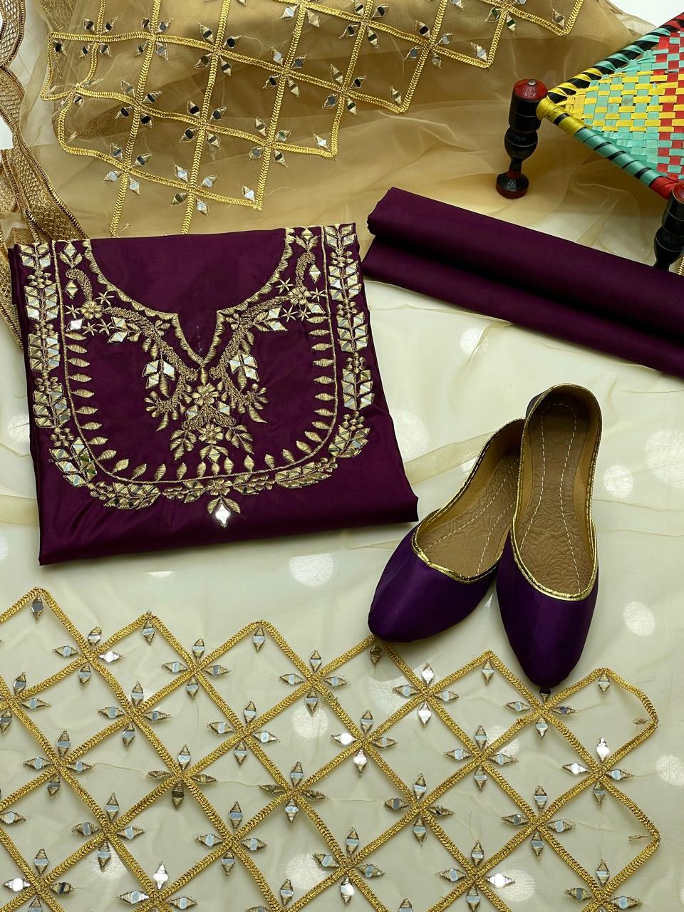 Royal Mirror-Embroidered Kattan Silk Ensemble Suit(4-Pc)