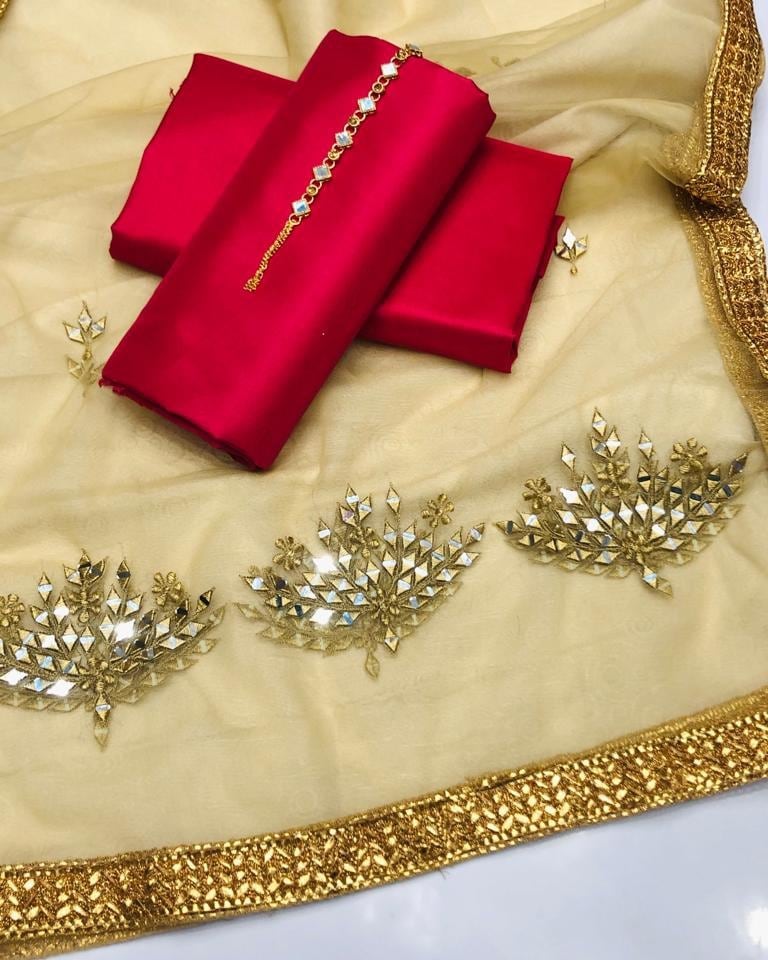 Fancy 3-Piece Unstitched Dress with Mirror Work Dupatta