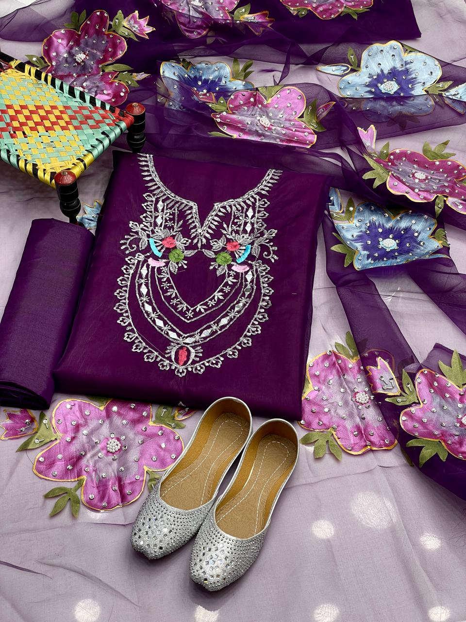 Royal Mirror, Tilla & 3D Embroidered Organza Ensemble (4-Pc)