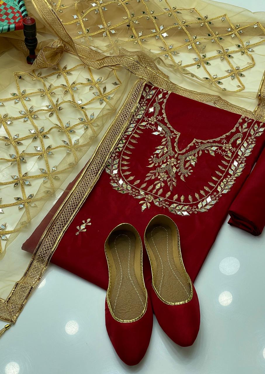 Royal Mirror-Embroidered Kattan Silk Ensemble Suit(4-Pc)