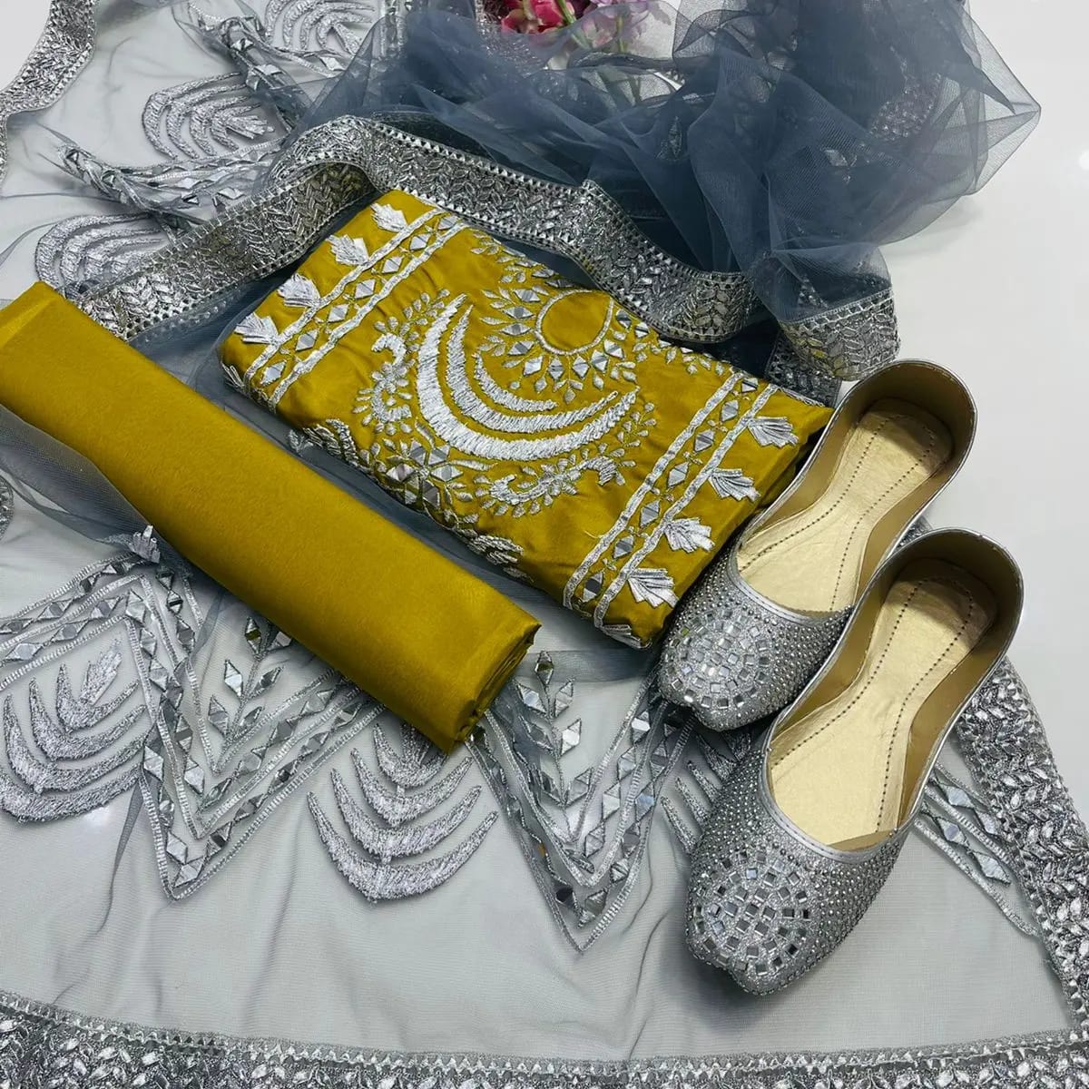 Kataan Silk 4-Piece Unstitched Dress with Mirror Work