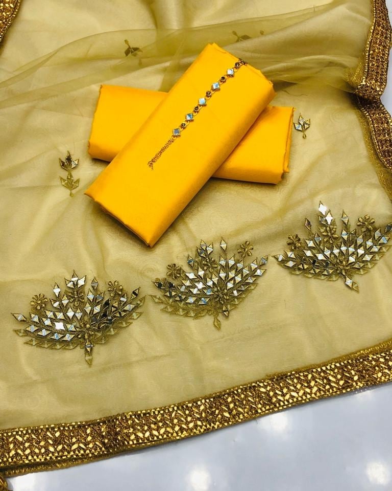 Fancy 3-Piece Unstitched Dress with Mirror Work Dupatta