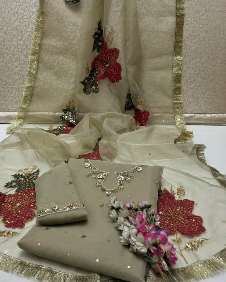Hand-Embroidered Organza Suit with Zari Sequins & Painted Dupatta (2-Pc)