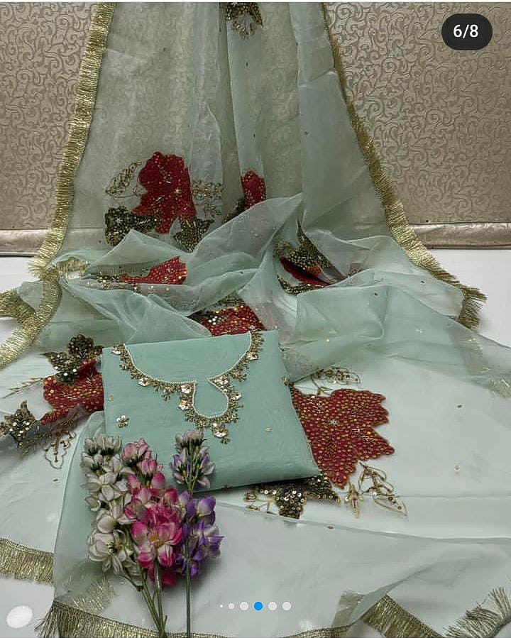 Hand-Embroidered Organza Suit with Zari Sequins & Painted Dupatta (2-Pc)