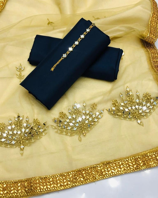 Fancy 3-Piece Unstitched Dress with Mirror Work Dupatta