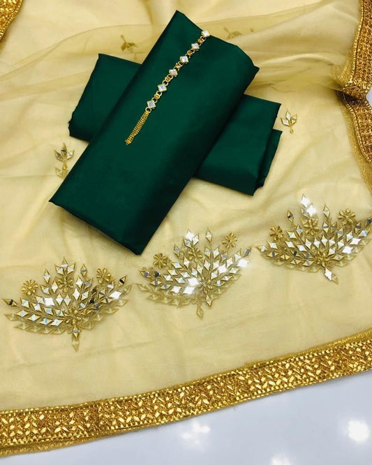 Fancy 3-Piece Unstitched Dress with Mirror Work Dupatta