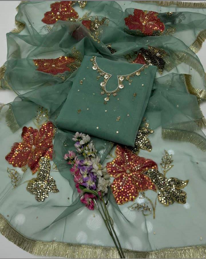 Hand-Embroidered Organza Suit with Zari Sequins & Painted Dupatta (2-Pc)