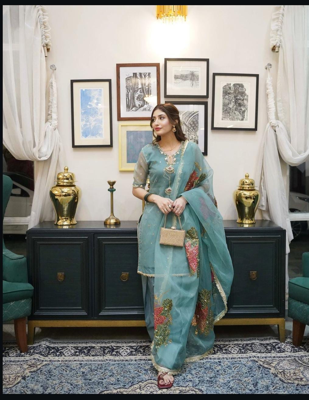 Hand-Embroidered Organza Suit with Zari Sequins & Painted Dupatta (2-Pc)