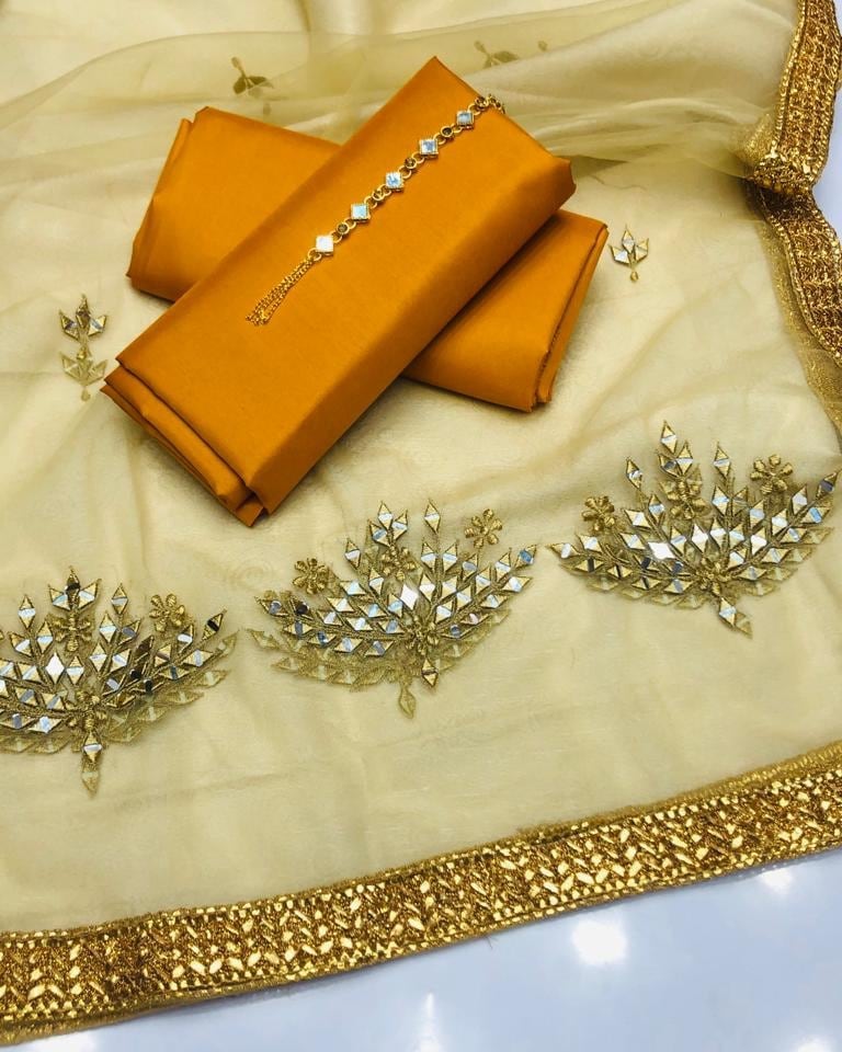 Fancy 3-Piece Unstitched Dress with Mirror Work Dupatta