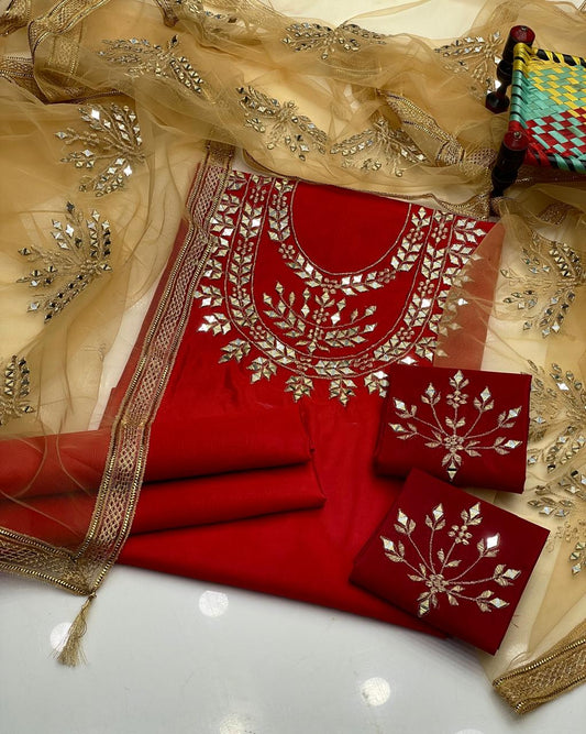 Royal Mirror & Zari Embroidered Kattan Silk Ensemble Suit (3-Pc)