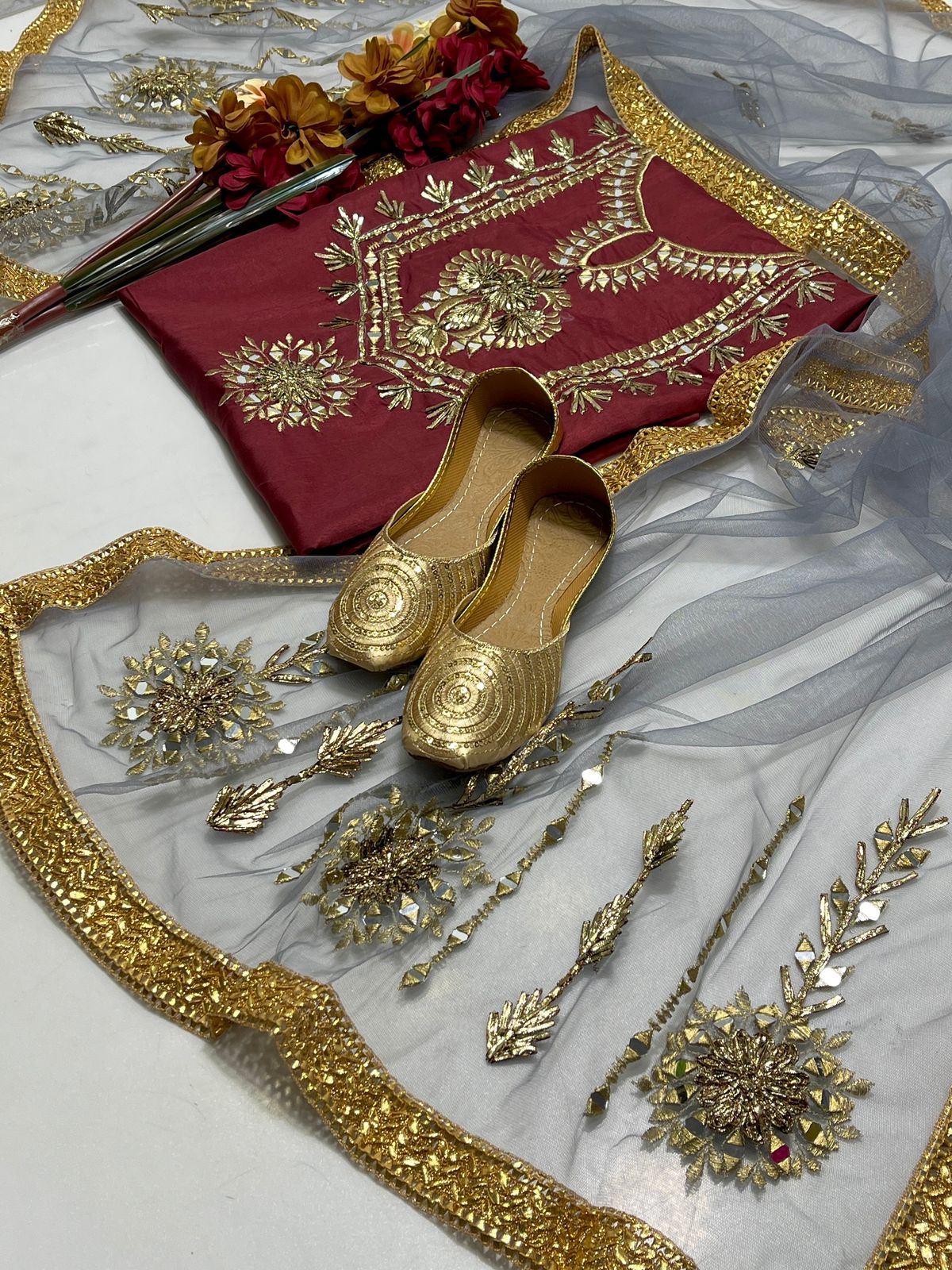 Kataan Silk Suit with Net Kinari Work Dupatta
